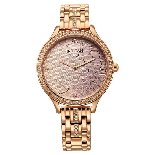 TITAN Glitz Rose Gold Dial Stainless Steel Strap Watch for Women 95209WM01