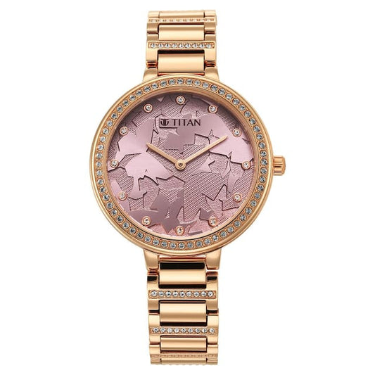TITAN Glitz Rose Gold Dial Stainless Steel Strap Watch for Men 95211WM01