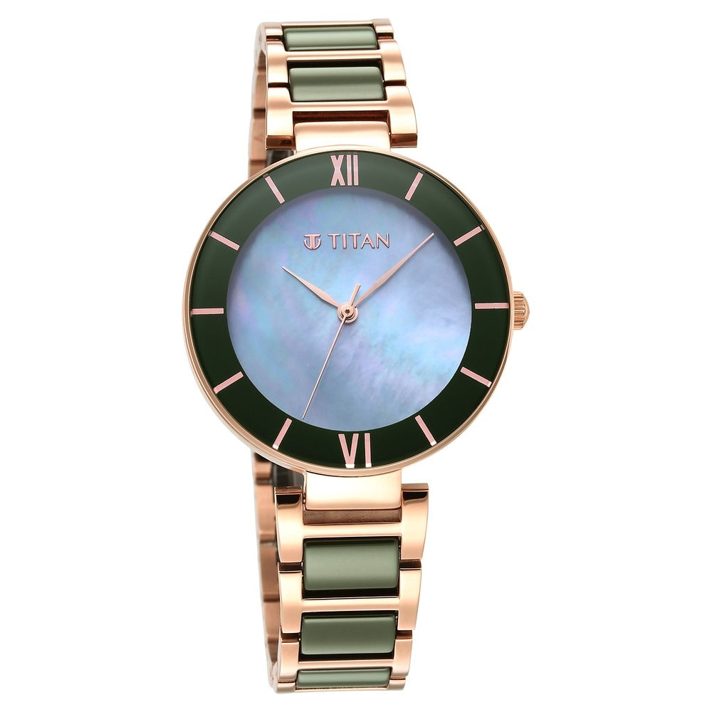 Titan Purple Ceramics Green Dial Steel & Ceramic Strap Watch for Women 95216KD01