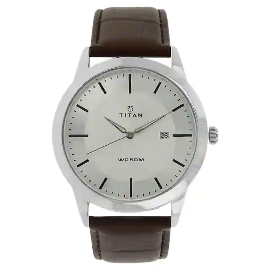 Titan Silver Dial Brown Leather Strap Watch - 1584SL03