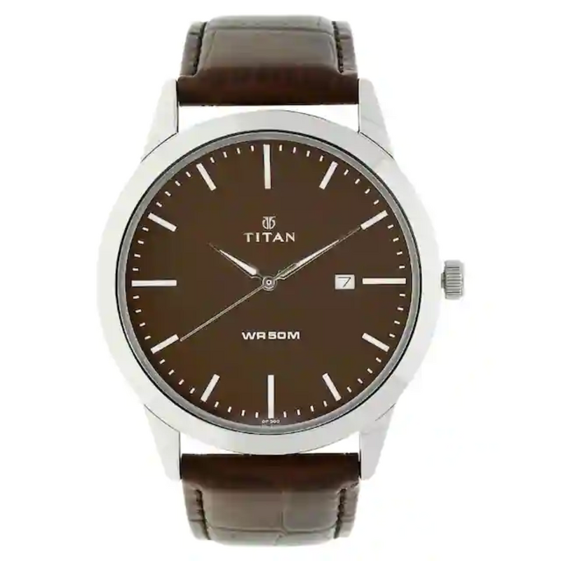Titan Brown Dial Brown Leather Strap Watch - 1584SL04