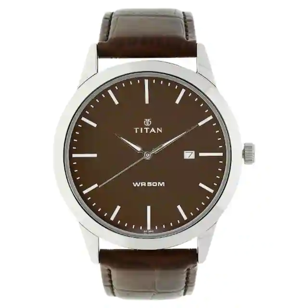 Titan Brown Dial Brown Leather Strap Watch - 1584SL04