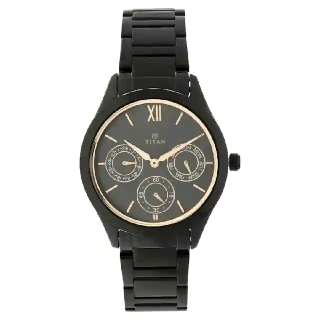 Titan Black Dial Black Stainless Steel Strap Watch 2570NM01