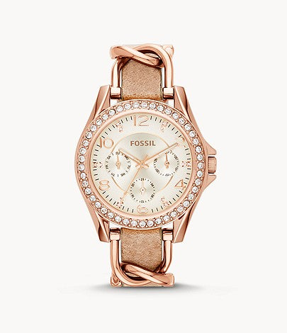 FOSSIL Riley Multifunction Rose-Tone & Sand Leather Watch - ES3466