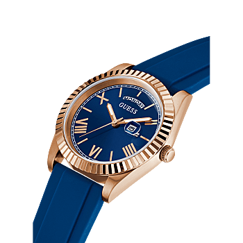 Gents rose gold tone case blue silicone watch best sale