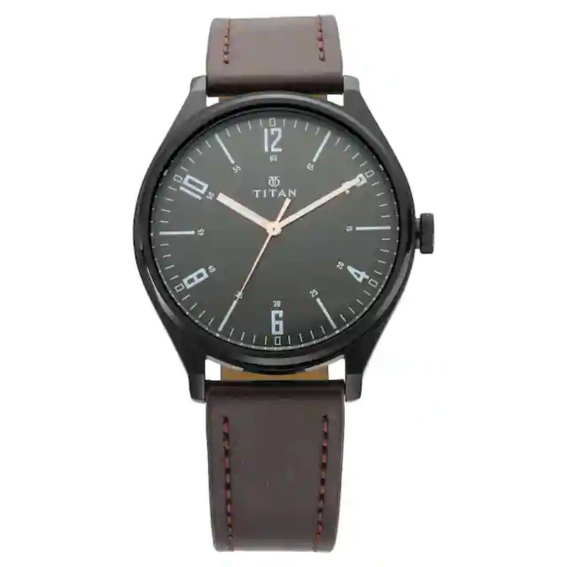Titan Workwear Watch with Black Dial & Brown Leather Strap NN1802NL01 (DJ148) - KRISHNA WATCH COMPANY