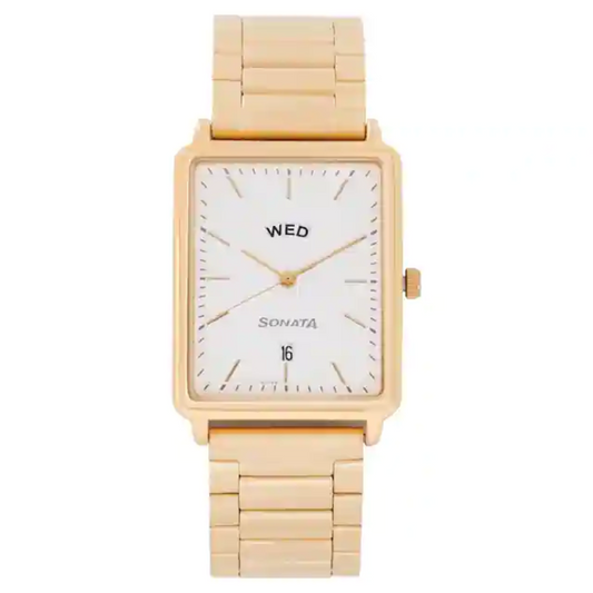 Essentials White Dial Analog Watch With Day And Date Function 77084YM04
