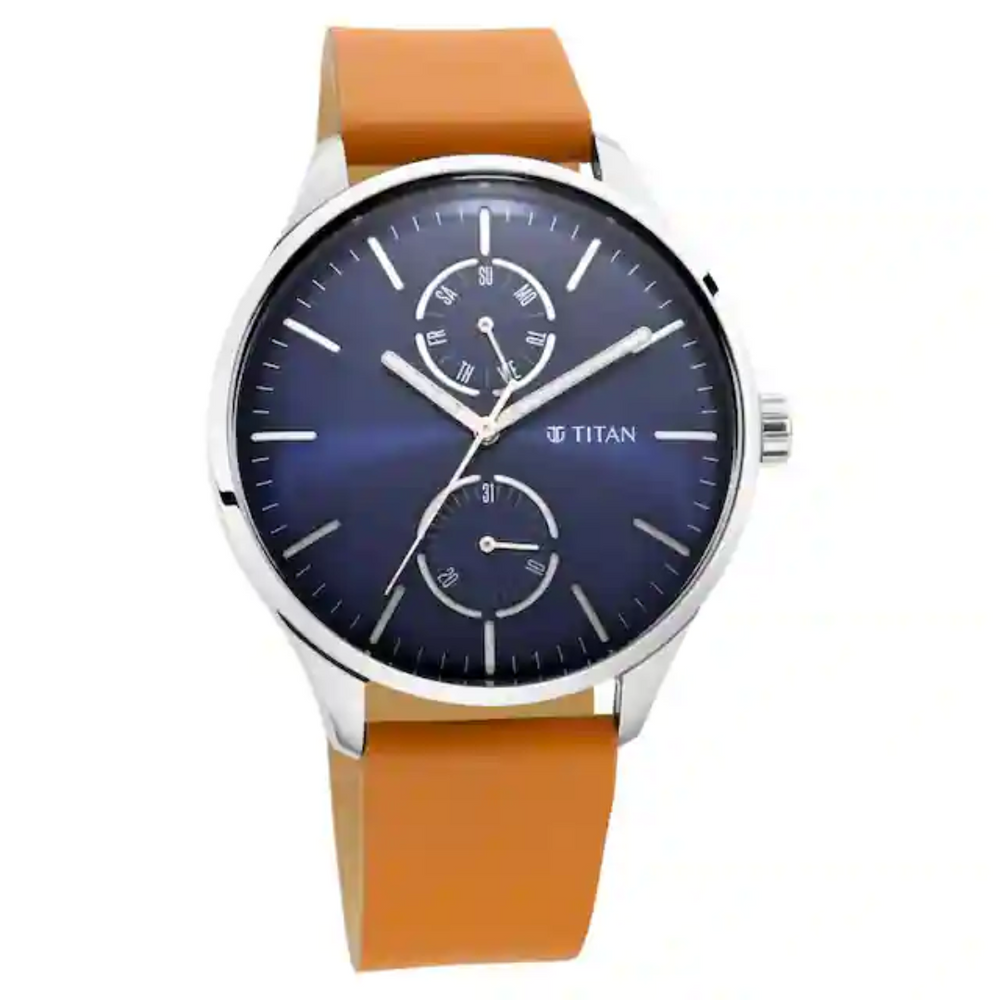 Titan Evoke Blue Dial Tan Leather Strap Watch - 1833SL01 - KRISHNA WATCH COMPANY