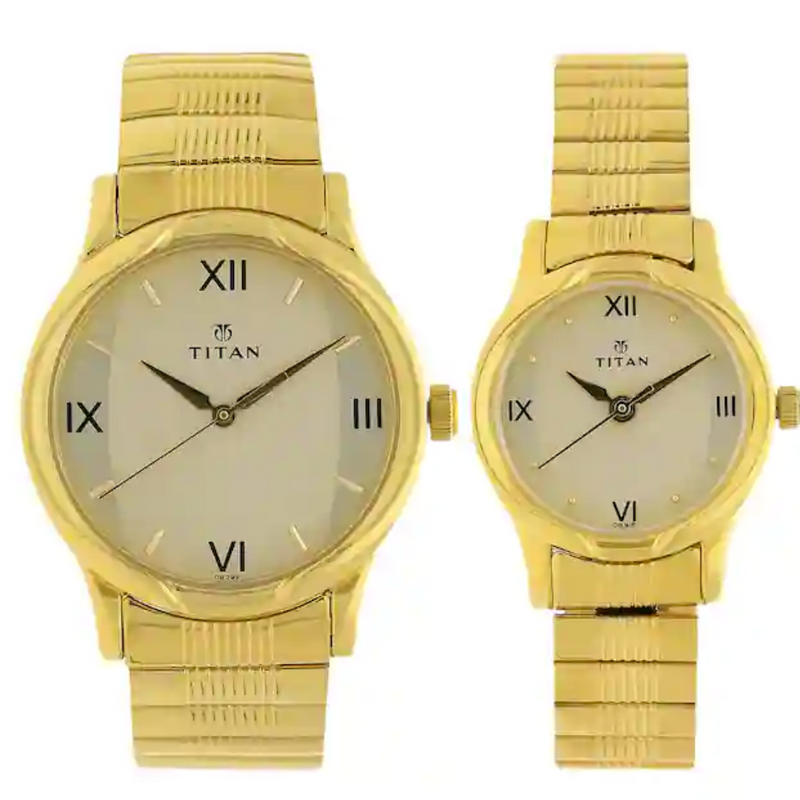 Titan Champagne Dial Golden Metal Strap Watches NP15802490YM02 - KRISHNA WATCH COMPANY