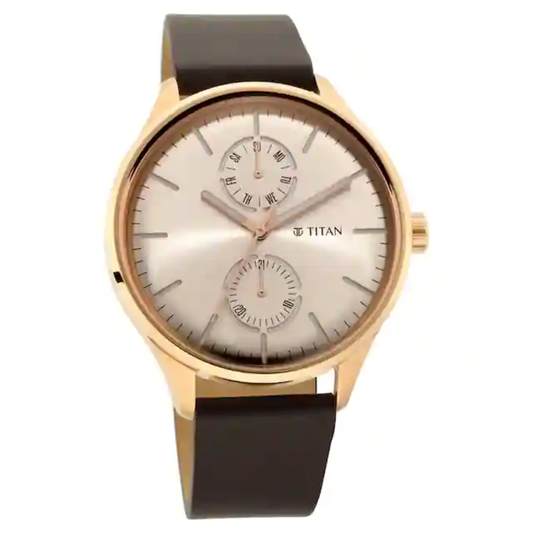 Titan Evoke Champagne Dial Brown Leather Strap Watch 1833WL01 (DK244)