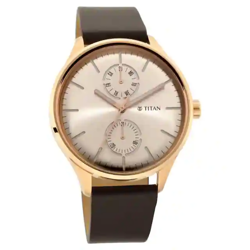 Titan Evoke Champagne Dial Brown Leather Strap Watch 1833WL01 (DK244) - KRISHNA WATCH COMPANY