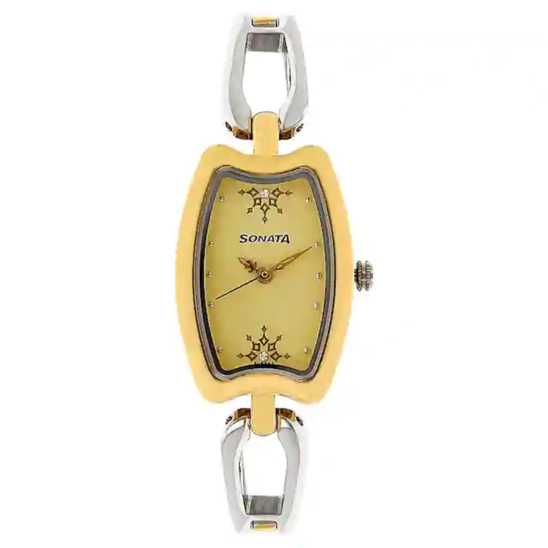 Sonata White Dial Golden Stainless Steel Strap Watch 8116BM02