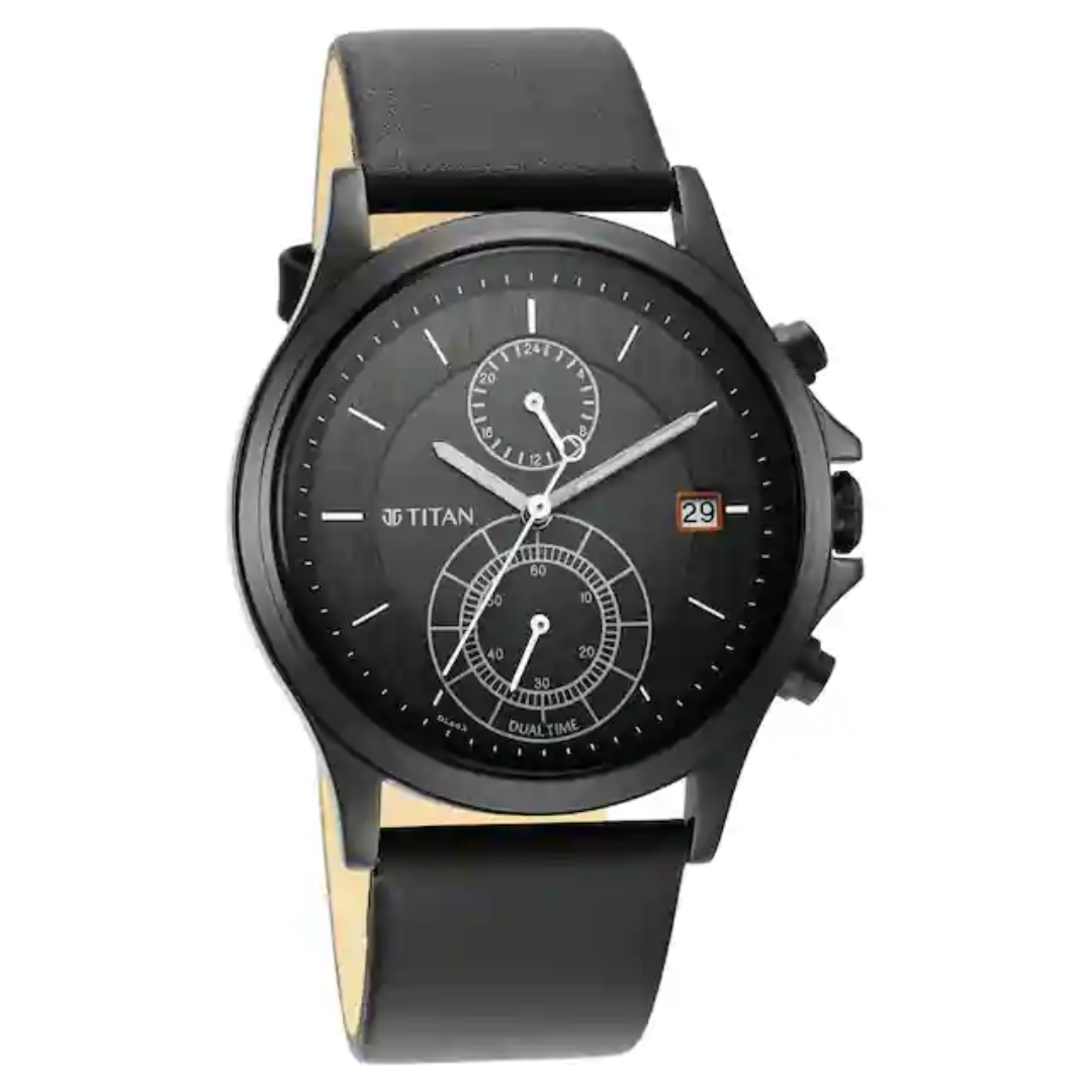 Titan Workwear Black Dial Black Leather Strap Watch 1870NL01