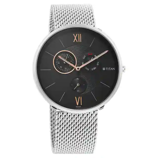 Titan Slim Multifinction Black Dial Stainless Steel Strap Watch 1877SM01