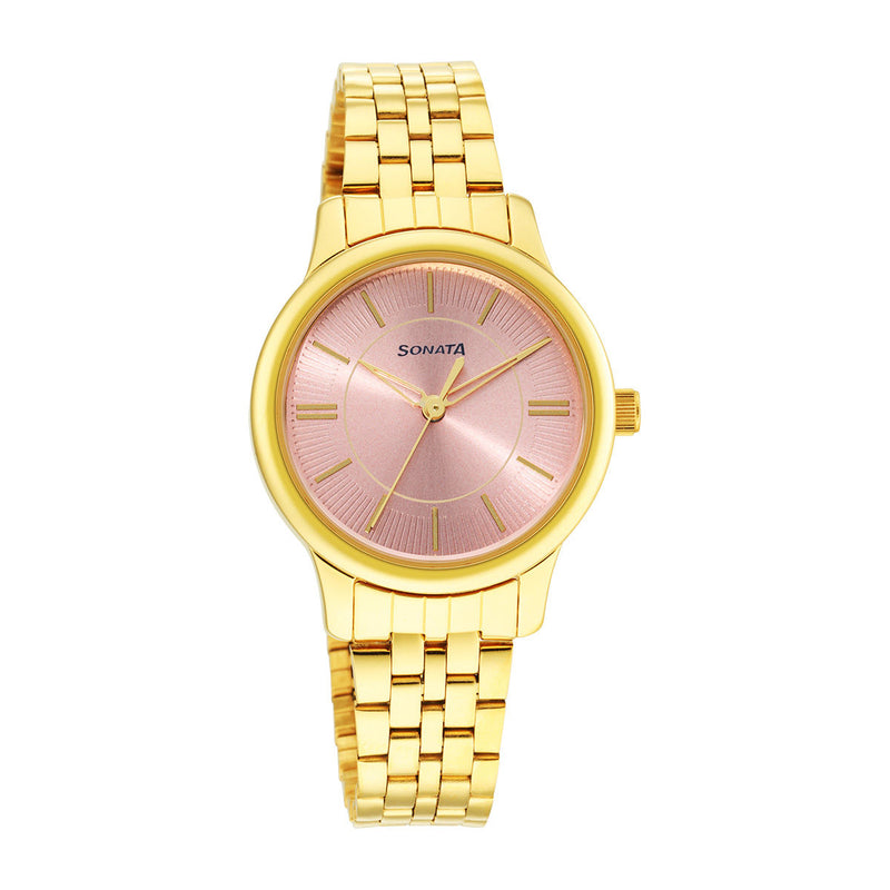 Sonata Classic Gold Pink Dial Metal Strap Watch NR8178YM02
