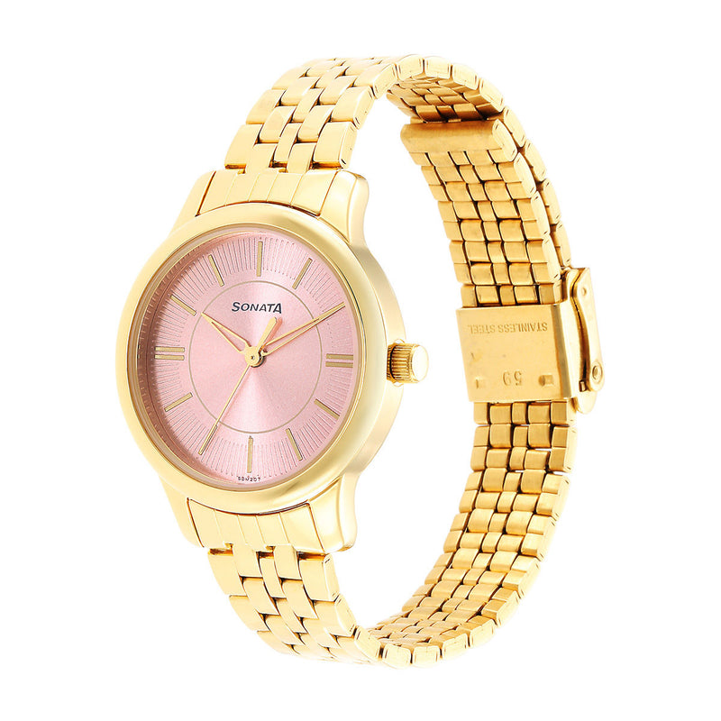 Sonata Classic Gold Pink Dial Metal Strap Watch NR8178YM02