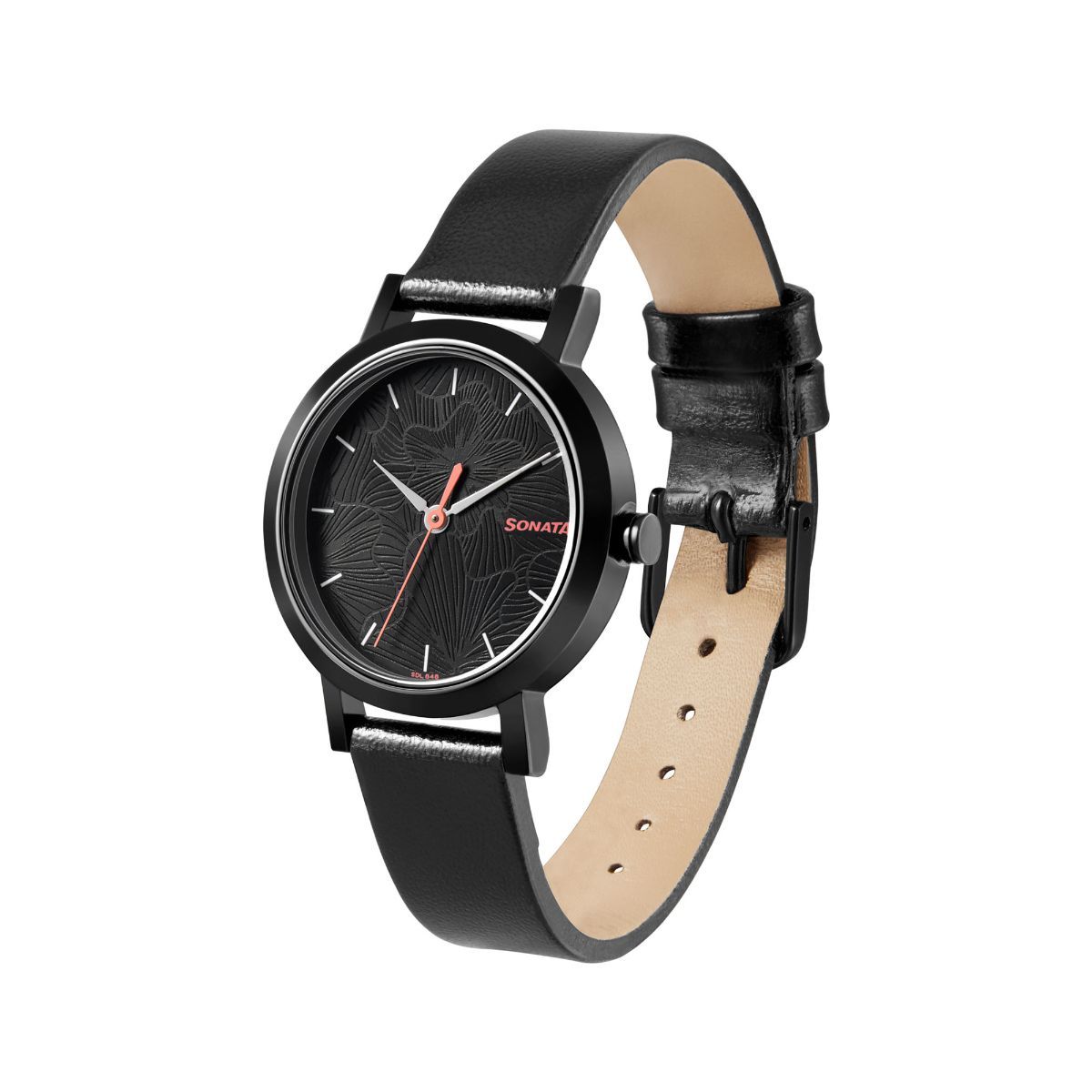 Sonata Linnea Black Dial Black Leather Strap Watch - 8174NL01