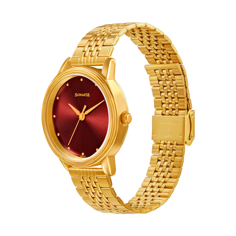 Sonata Gold Edit With Maroon Dial Stainless Steel Strap Watch - 8175YM03 - KRISHNA WATCH COMPANY