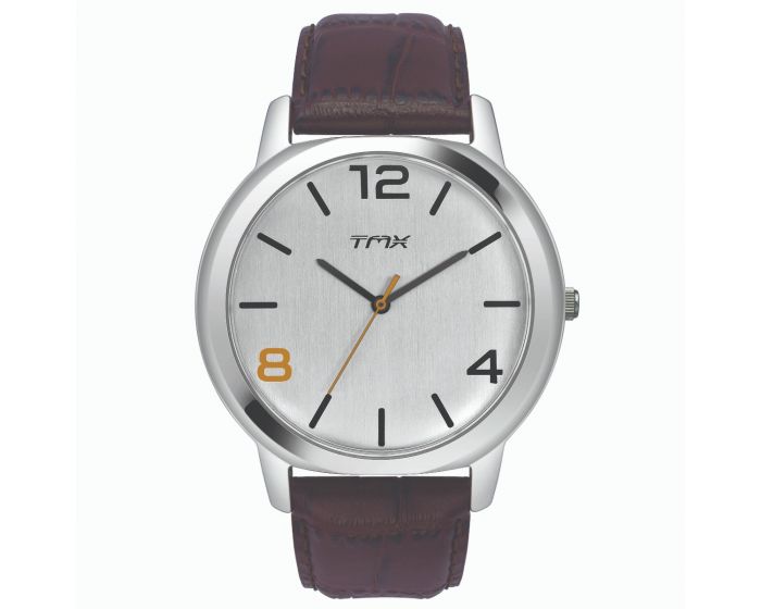 A silver-toned casual watch with a brown leather band and accent Arabic numerals and markers on the dial.