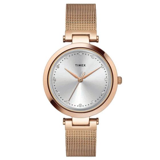TIMEX PREMIUM SILVER DIAL WATCH WITH ROSE GOLD MESH BRACELET - TWEL11823