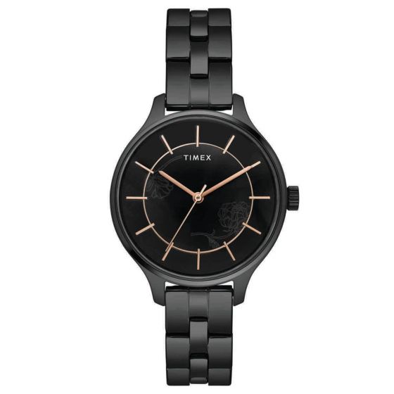 TIMEX LADIES BLACK FLORAL DIAL WATCH WITH BLACK BRACELET-TWEL14809